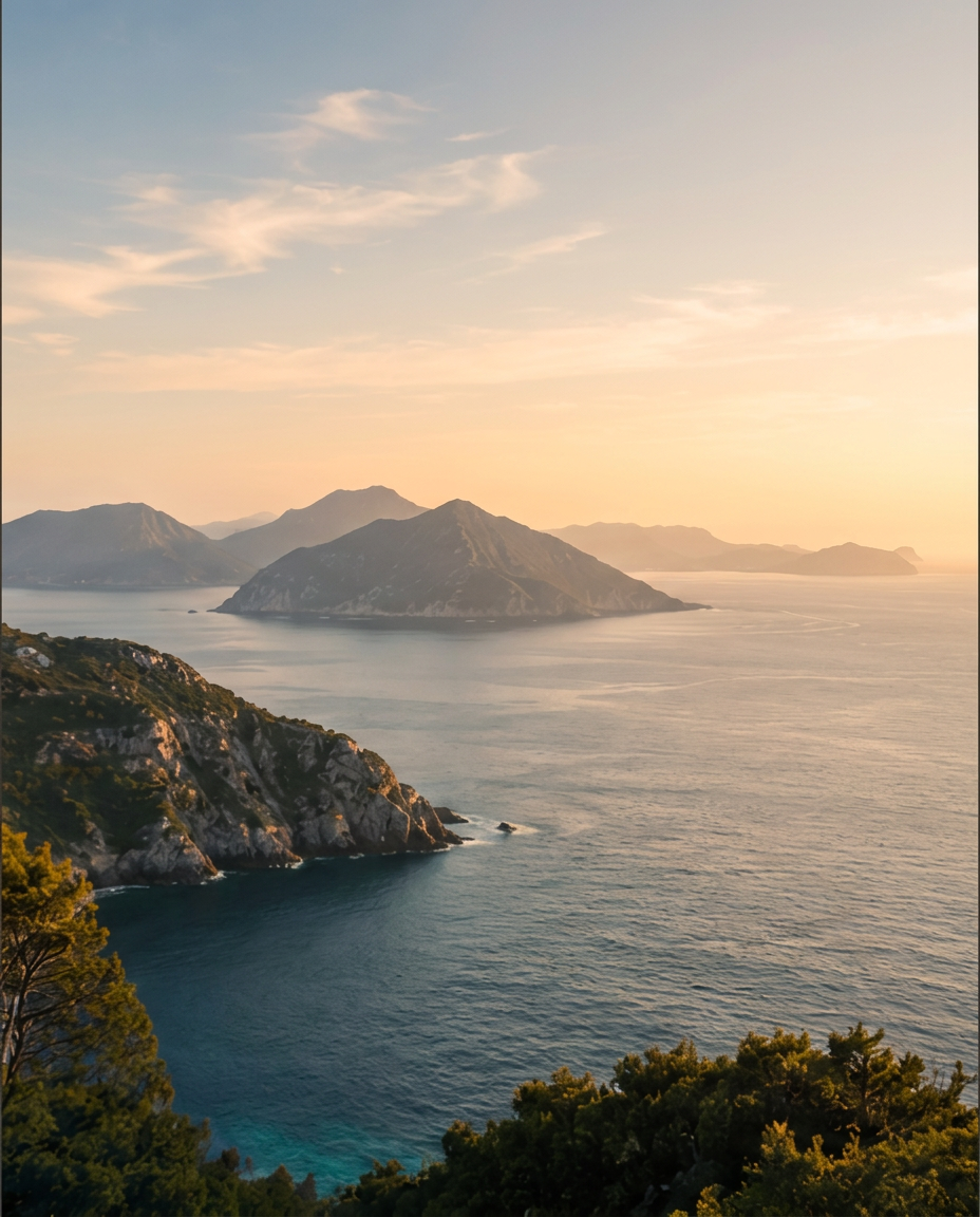 Küstenlandschaft mit weitem Blick über das Meer